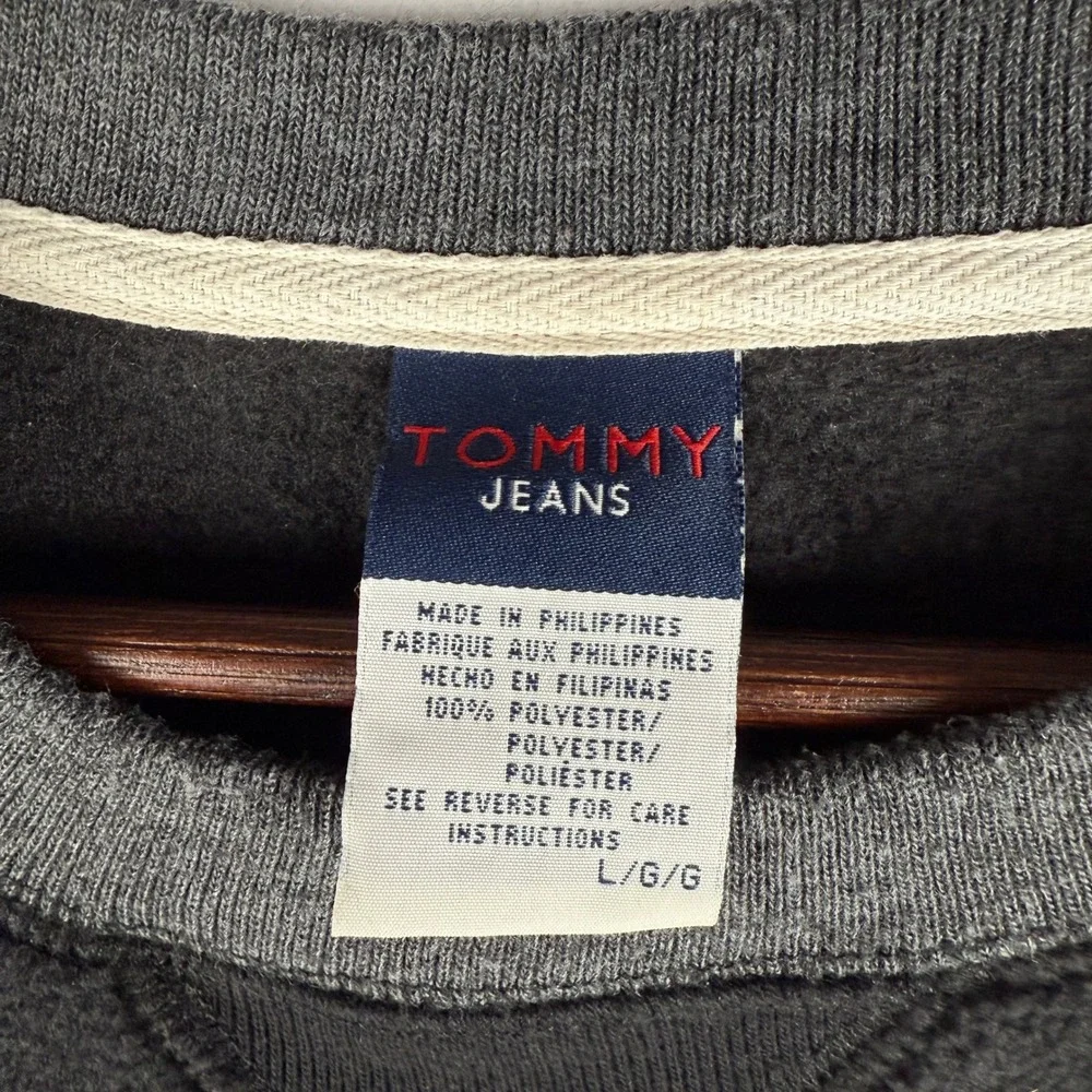 Vtg Tommy Jeans‎ Fleece Sweatshirt Mens Large Black Pullover Kangaroo Pocket - Picture 4 of 9